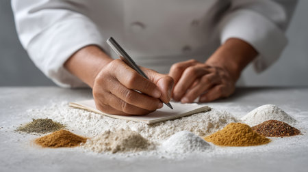 A chef carefully notes down a recipe while surrounded by a variety of colorful spices and flour, showcasing the artistry and precision involved in culinary creation.の素材