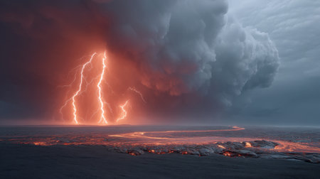 Witness the raw power of nature as lightning bolts strike above a flowing river of molten lava under dark storm clouds, creating a breathtaking scene.の素材