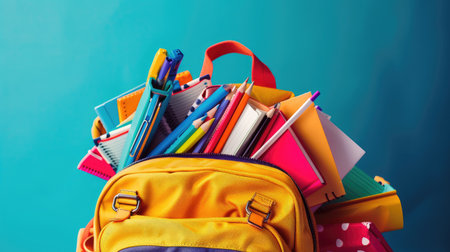 An assortment of school supplies spilling out of a backpack, symbolizing the excitement of returning to school.の素材