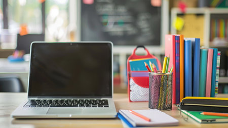 Back-to-school background with a laptop, books, and stationery on a desk, leaving a whiteboard area for text.の素材