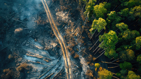 Aerial view of a deforested area, highlighting the connection between deforestation and global warming.の素材