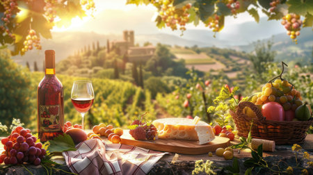 Artistic depiction of a sun-drenched Italian countryside with a Ferragosto picnic setup, featuring wine, cheese, and seasonal fruits.の素材
