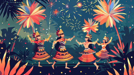 Colorful illustration of traditional Indonesian dance performance with flags and fireworks in the background for Independence Dayの素材