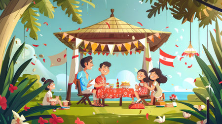 Cartoon families having a picnic under a decorated gazebo with Indonesian flags, celebrating Independence Dayの素材