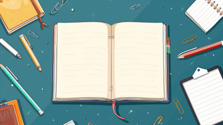 Background with a large, open notebook and various school supplies around it, leaving the notebook pages blank for textの素材