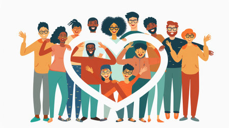Cartoon image of diverse people forming a heart shape with their hands, symbolizing unity and support for Organ Donation Day.の素材