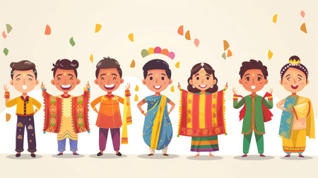 Cartoon characters in traditional Indian attire holding Reliance Industries banners, celebrating India Reliance Day with joy.の素材