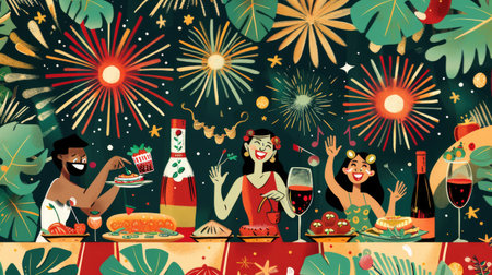Cartoon characters celebrating Ferragosto with traditional Italian food, fireworks, and joyful expressions, highlighting the festive atmosphere.の素材