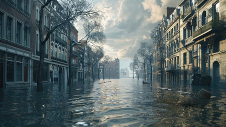 Flooded streets in a coastal city, illustrating the impact of rising sea levels due to global warming.の素材