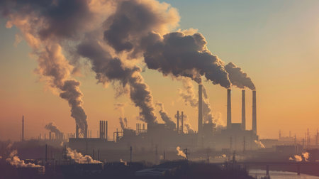Smoke and steam coming from industrial chimneys, contributing to the greenhouse effect and global warming.の素材