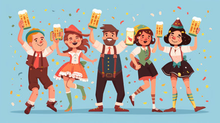 Cheerful cartoon characters in traditional Bavarian attire clinking beer steins at Oktoberfestの素材