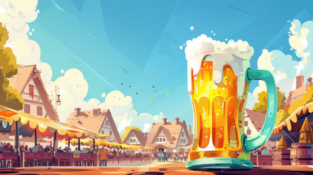 Cartoon of a giant beer mug towering over the festival grounds, a playful symbol of Oktoberfest spiritの素材