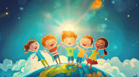 Cartoon characters holding hands around the Earth with a bright ozone layer, celebrating World Ozone Dayの素材
