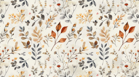 Nature-inspired pattern background with leaves, flowers, and natural elements in earthy tones, evoking a serene and organic feelの素材