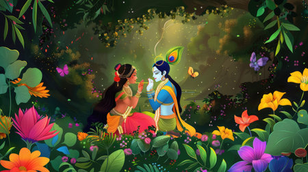 Beautiful illustration of Radha and Krishna in a garden setting for Janmashtami celebrationsの素材