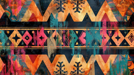 Vintage-inspired bohemian background with a mix of tribal and geometric patterns in bold, contrasting colors.の素材