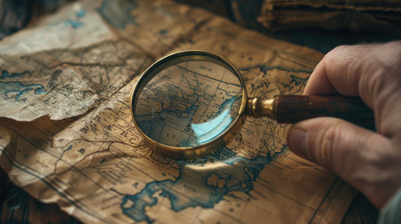 Close-up of a magnifying glass enhancing details on a detective's map, aiding in a mysteryの素材