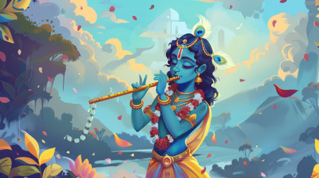 Colorful illustration of Lord Krishna playing the flute with a serene background for Janmashtamiの素材