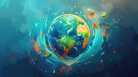 Artistic illustration of a globe with a shield symbolizing the ozone layer for World Ozone Dayの素材