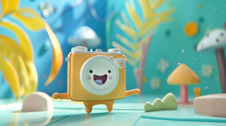 Cheerful character with a stylish compact camera, creative World Photography Day backgroundの素材