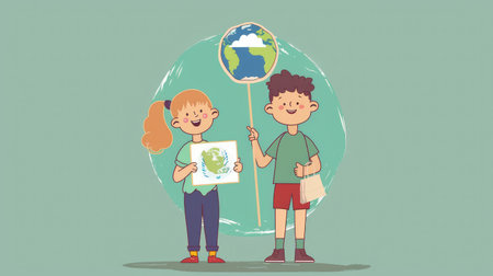 Cartoon characters holding signs promoting ozone layer protection for World Ozone Dayの素材