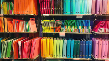 Rows of colorful binders, notebooks, and pens neatly displayed on a shelf, perfect for back-to-school shopping.の素材