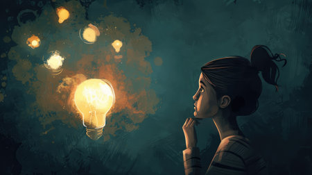 A person ponders, a thought bubble forms, then a bright light bulb illuminates the sceneの素材