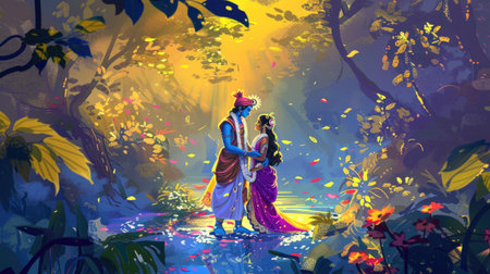 Beautiful illustration of Radha and Krishna in a garden setting for Janmashtami celebrationsの素材