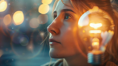 Close-up of a person deep in thought, a glowing light bulb materializing above their headの素材