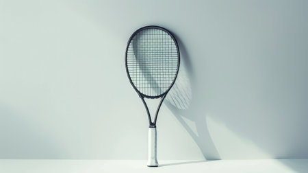 Clean, minimalist shot of a sleek tennis racket against a pristine white backdropの素材