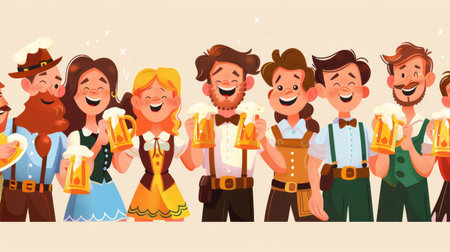 Cheerful cartoon characters in traditional Bavarian attire clinking beer steins at Oktoberfestの素材