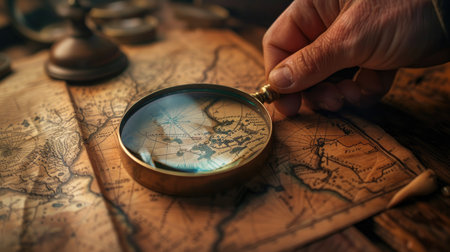 Close-up of a magnifying glass enhancing details on a detective's map, aiding in a mysteryの素材