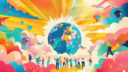 Colorful illustration of the Earth with a protective ozone layer and people celebrating World Ozone Dayの素材