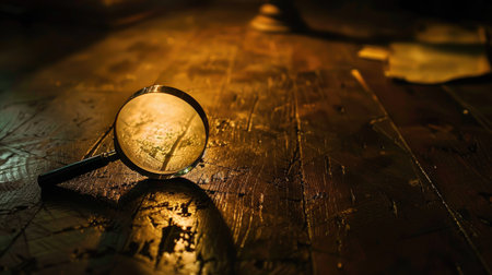 Enigmatic shot of a magnifying glass illuminating the criminal's true mark, shedding light on a perplexing caseの素材