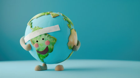 Friendly cartoon Earth character with a band-aid, symbolizing ozone layer healing for World Ozone Dayの素材