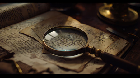 Enigmatic shot of a magnifying glass illuminating the criminal's true mark, shedding light on a perplexing caseの素材