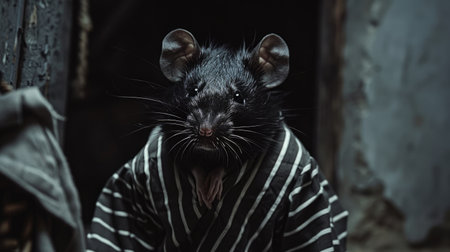 Dramatic portrayal of a black mouse dressed in a striped shirt, its face hidden by cloth, embodying the persona of a mysterious thiefの素材