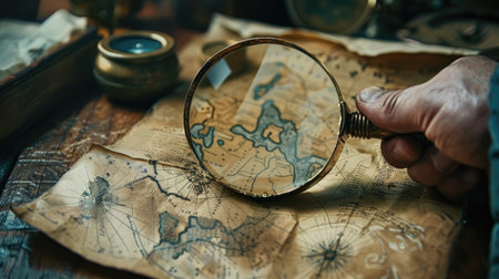 Enigmatic shot of a magnifying glass analyzing a detective's map, enhancing intrigueの素材