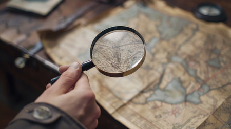 Detective's map under scrutiny with a magnifying glass, hinting at a thrilling investigationの素材