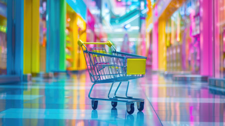 Empty shopping mall cart nestled among colorful aisles, waiting for productsの素材