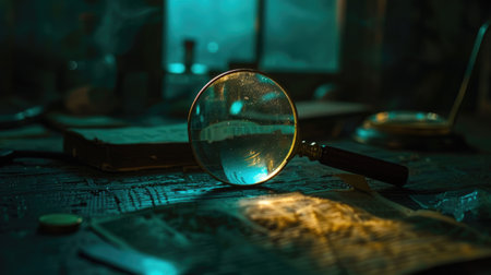 Enigmatic shot of a magnifying glass illuminating the criminal's true mark, shedding light on a perplexing caseの素材