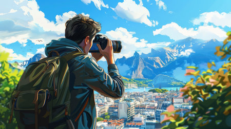 Inspirational illustration of a photographer in action with a backdrop of famous locations for World Photography Dayの素材