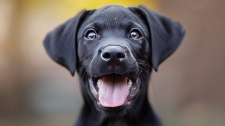 Gleeful pup showcasing a toothy grin, its eyes alight with happiness and excitementの素材