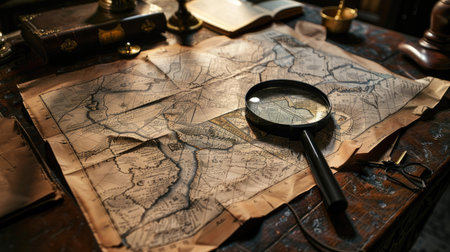 Detective's map under scrutiny with a magnifying glass, hinting at a thrilling investigationの素材