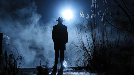 Gripping scene of a detective's shadow in the moonlight, adding an air of suspenseの素材