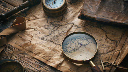 Detective's map under scrutiny with a magnifying glass, hinting at a thrilling investigationの素材