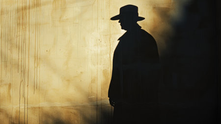 Intriguing shot of a detective's shadow cast on a wall, hinting at a thrilling investigationの素材