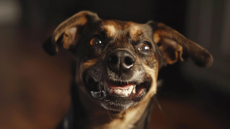 Gleeful pup showcasing a toothy grin, its eyes alight with happiness and excitementの素材