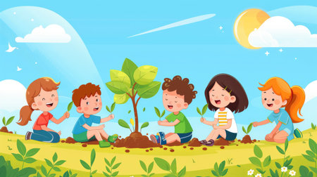 Group of cheerful cartoon kids planting trees under a healthy ozone layer for World Ozone Dayの素材