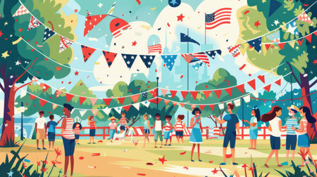 Heartwarming illustration of a community gathering with patriotic banners and flags for USA Patriotic Dayの素材